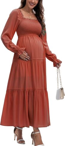 Women's Fall Long Sleeve Maternity Maxi Dress Flowy Tiered A Line Photoshoot Baby Shower Dress in Saudi Arabia