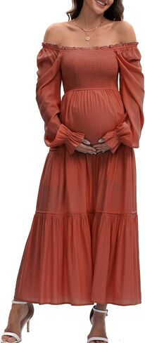 Women's Fall Long Sleeve Maternity Maxi Dress Flowy Tiered A Line Photoshoot Baby Shower Dress in Saudi Arabia