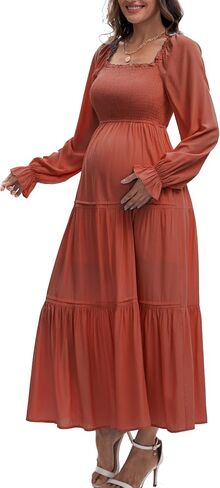 Women's Fall Long Sleeve Maternity Maxi Dress Flowy Tiered A Line Photoshoot Baby Shower Dress in Saudi Arabia