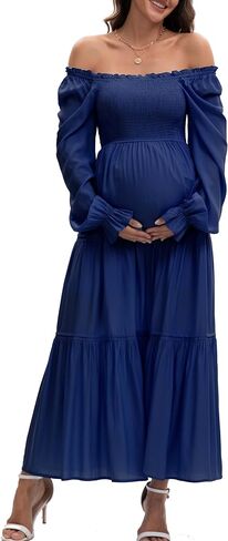 Women's Fall Long Sleeve Maternity Maxi Dress Flowy Tiered A Line Photoshoot Baby Shower Dress in Saudi Arabia