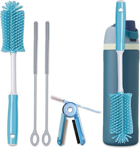 مجموعة فرش تنظيف السيليكون - فرشاة زجاجة مياه بمقبض طويل وفرشاة تنظيف شديدة التحمل، مجموعة تنظيف أكواب متعددة الأغراض 4 في 1 للترمس والزجاجات الرياضية وأكواب القهوة in Kuwait