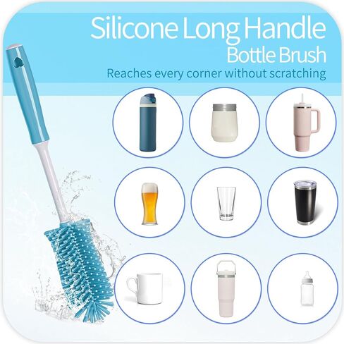 مجموعة فرش تنظيف السيليكون - فرشاة زجاجة مياه بمقبض طويل وفرشاة تنظيف شديدة التحمل، مجموعة تنظيف أكواب متعددة الأغراض 4 في 1 للترمس والزجاجات الرياضية وأكواب القهوة in Kuwait