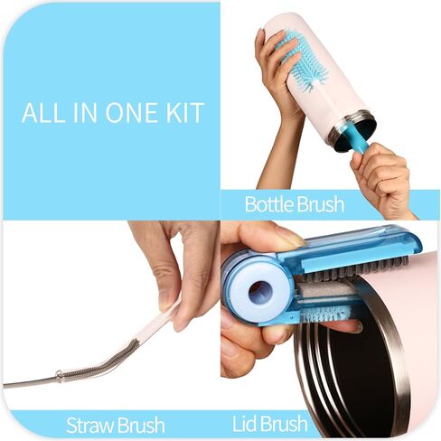 مجموعة فرش تنظيف السيليكون - فرشاة زجاجة مياه بمقبض طويل وفرشاة تنظيف شديدة التحمل، مجموعة تنظيف أكواب متعددة الأغراض 4 في 1 للترمس والزجاجات الرياضية وأكواب القهوة in Kuwait