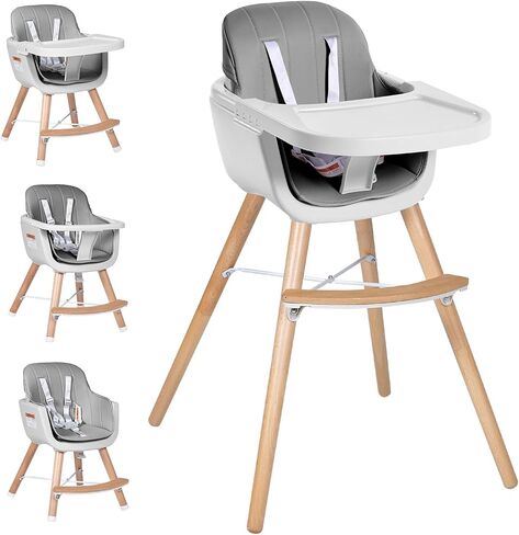 High Chairs for Babies and Toddlers,3 in 1 Convertible Wooden highchair, Baby High Chair with Adjustable Legs,5 Point Harness, Footrest, Dishwasher-Safe Tray & PU Leather Cushion, Beige in Saudi Arabia
