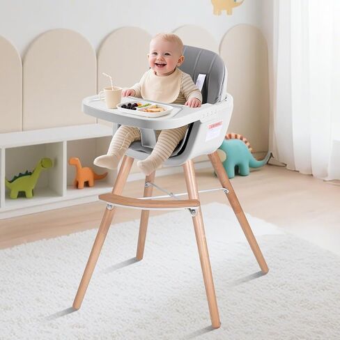 High Chairs for Babies and Toddlers,3 in 1 Convertible Wooden highchair, Baby High Chair with Adjustable Legs,5 Point Harness, Footrest, Dishwasher-Safe Tray & PU Leather Cushion, Beige in Saudi Arabia
