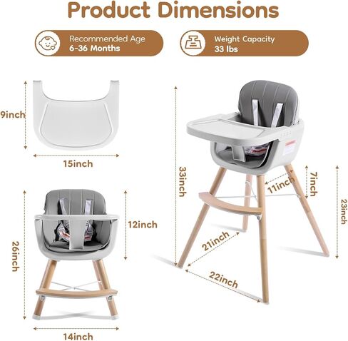 High Chairs for Babies and Toddlers,3 in 1 Convertible Wooden highchair, Baby High Chair with Adjustable Legs,5 Point Harness, Footrest, Dishwasher-Safe Tray & PU Leather Cushion, Beige in Saudi Arabia
