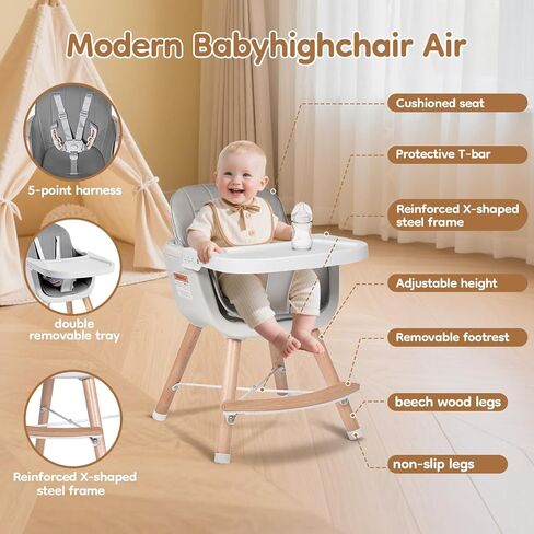 High Chairs for Babies and Toddlers,3 in 1 Convertible Wooden highchair, Baby High Chair with Adjustable Legs,5 Point Harness, Footrest, Dishwasher-Safe Tray & PU Leather Cushion, Beige in Saudi Arabia