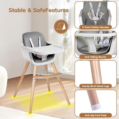 High Chairs for Babies and Toddlers,3 in 1 Convertible Wooden highchair, Baby High Chair with Adjustable Legs,5 Point Harness, Footrest, Dishwasher-Safe Tray & PU Leather Cushion, Beige in Saudi Arabia