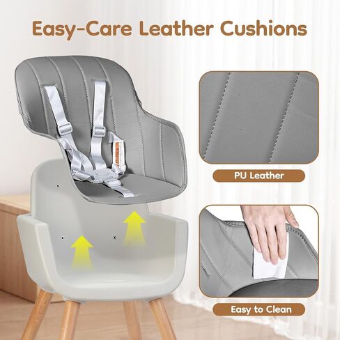 High Chairs for Babies and Toddlers,3 in 1 Convertible Wooden highchair, Baby High Chair with Adjustable Legs,5 Point Harness, Footrest, Dishwasher-Safe Tray & PU Leather Cushion, Beige in Saudi Arabia