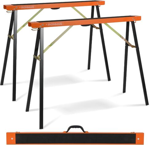 Goplus Saw Horses 2 Pack , Portable Heavy-Duty Galvanized Metal Power Tool Stand w/ Non-slip Top & Hinge Brace, Quick-Folding Saw Horses w/ Carrying Handle for Woodworking in Saudi Arabia