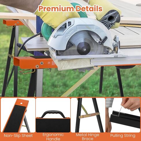 Goplus Saw Horses 2 Pack، حامل أدوات كهربائي معدني مجلفن شديد التحمل مع دعامة علوية ومفصلة غير قابلة للانزلاق، خيول منشار سريعة الطي مع مقبض حمل للأعمال الخشبية in Kuwait