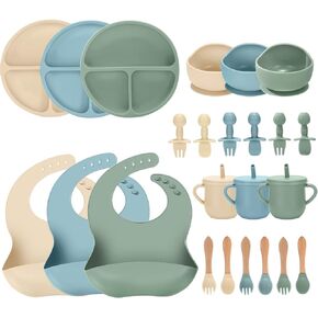 24 PCS Silicone Baby Feeding Set, Baby Led Weaning Supplies Includes Suction Bowls and Divided Plates, Adjustable Silicone Bib, Spoons&forks, Training cup with straw (Green+Brown+Beige) in Saudi Arabia