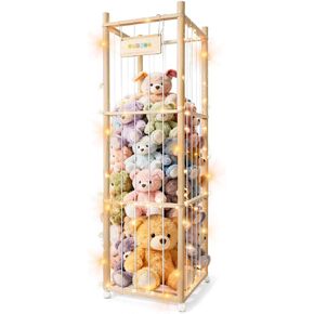 Stuffed Animal Storage Organizer, Wood Stuffed Animals Zoo Holder with Wheels, Extra Large Capacity Plusies Toy Cage with LED Lights, Space Save Toy Storage Tower for Nursery Playroom Kids Bedroom in Saudi Arabia
