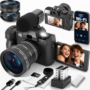 4K Digital Camera for Photography with WiFi Vlogging Camera for YouTube | Auto-Focus, Flip Screen, with Wide & Macro Lens, Microphone, MicroSD Card, Card Reader, 2 Batteries, Webcam Function in Saudi Arabia