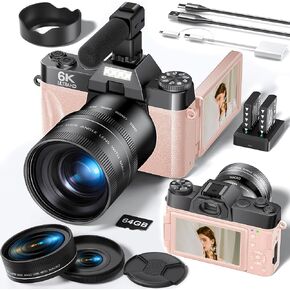 الكاميرات القاسية للتصوير الفوتوغرافي ، الكاميرا الرقمية 6K 64MP مع WiFi و Microphone لـ YouTuber ، كاميرا Vlogging 16x مع شاشة 180 درجة ، بطاقة 64 جيجابايت ، بطاريتين ، عدسة ماكرو وزاوية عريضة ، قارئ البطاقة in Kuwait