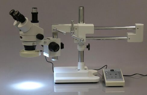 AmScope SM-4TZ-80AM Professional Trinocular Stereo Zoom Microscope, WH10x Eyepieces, 3.5X-90X Magnification, 0.7X-4.5X Zoom Objective, Eight-Zone LED Ring Light, Double-Arm Boom Stand, 110V-240V, Includes 0.5X and 2.0X Barlow Lens in Saudi Arabia