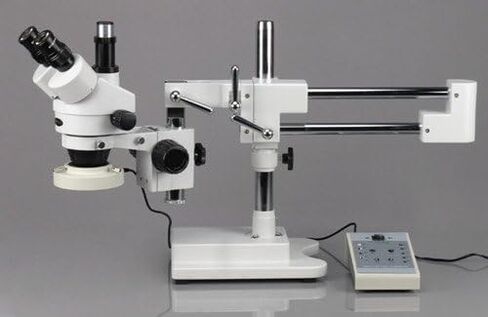 AmScope SM-4TZ-80AM Professional Trinocular Stereo Zoom Microscope, WH10x Eyepieces, 3.5X-90X Magnification, 0.7X-4.5X Zoom Objective, Eight-Zone LED Ring Light, Double-Arm Boom Stand, 110V-240V, Includes 0.5X and 2.0X Barlow Lens in Saudi Arabia