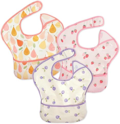 3-Pack Mess Proof Baby Bibs for Eating,Lightweight | Waterproof Toddler Bibs with Catch-All Pocket | Wipeable Feeding Bibs for Girls | Machine Washable in Saudi Arabia