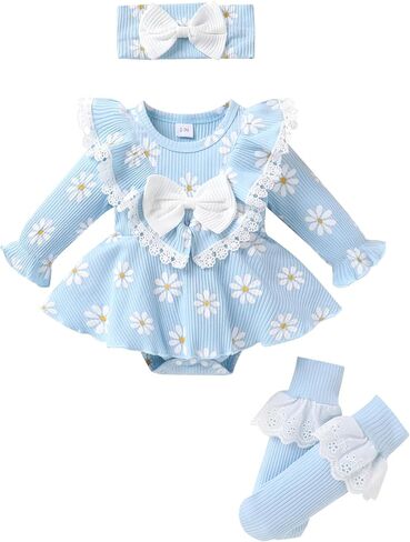 Newborn Infant Patterned Lace Ruffle Romper with Matching Socks and Headband Ribbed Baby Bodysuit Sets 0-18M in Kuwait