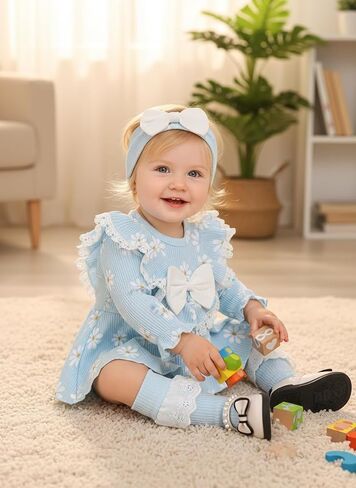 Newborn Infant Patterned Lace Ruffle Romper with Matching Socks and Headband Ribbed Baby Bodysuit Sets 0-18M in Kuwait