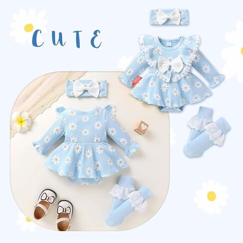 Newborn Infant Patterned Lace Ruffle Romper with Matching Socks and Headband Ribbed Baby Bodysuit Sets 0-18M in Kuwait