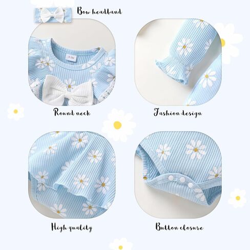 Newborn Infant Patterned Lace Ruffle Romper with Matching Socks and Headband Ribbed Baby Bodysuit Sets 0-18M in Kuwait