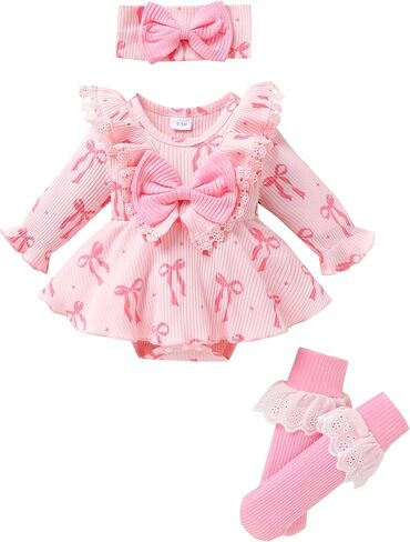 Newborn Infant Patterned Lace Ruffle Romper with Matching Socks and Headband Ribbed Baby Bodysuit Sets 0-18M in Kuwait