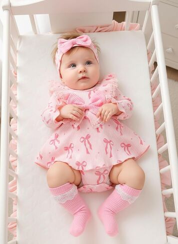 Newborn Infant Patterned Lace Ruffle Romper with Matching Socks and Headband Ribbed Baby Bodysuit Sets 0-18M in Kuwait