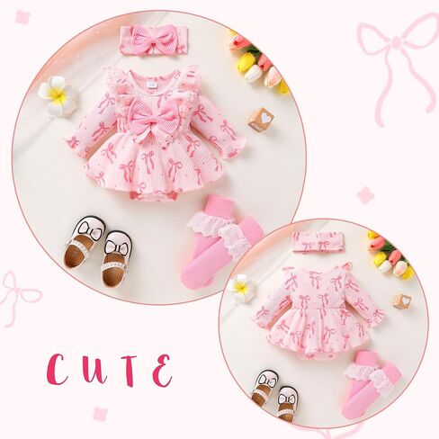 Newborn Infant Patterned Lace Ruffle Romper with Matching Socks and Headband Ribbed Baby Bodysuit Sets 0-18M in Kuwait