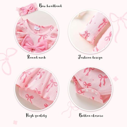 Newborn Infant Patterned Lace Ruffle Romper with Matching Socks and Headband Ribbed Baby Bodysuit Sets 0-18M in Kuwait