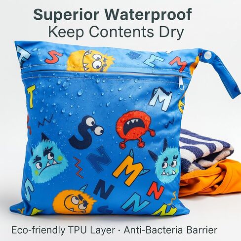 Waterproof Wet Dry Bag, Reusable Diaper Pouch with Zipper, Machine Washable Travel Organizer for Beach, Daycare, Kids, Dinosaur Pattern (White Dino) in Saudi Arabia