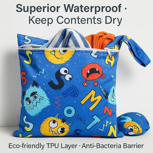 Waterproof Wet Dry Bag, Reusable Diaper Pouch with Zipper, Machine Washable Travel Organizer for Beach, Daycare, Kids, Dinosaur Pattern (White Dino) in Saudi Arabia