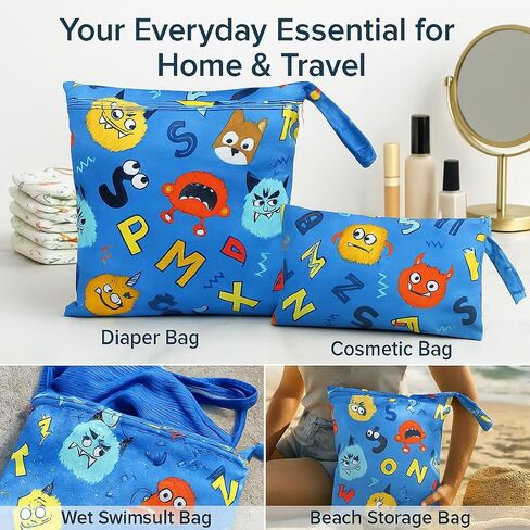 Waterproof Wet Dry Bag, Reusable Diaper Pouch with Zipper, Machine Washable Travel Organizer for Beach, Daycare, Kids, Dinosaur Pattern (White Dino) in Saudi Arabia