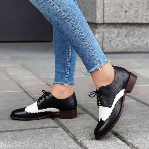 حذاء نسائي من Seborluys Wingtip Oxford برباط وكعب منخفض مكتنز حذاء Brogues Saddle in Kuwait