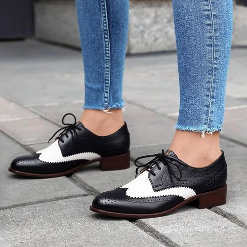حذاء نسائي من Seborluys Wingtip Oxford برباط وكعب منخفض مكتنز حذاء Brogues Saddle in Kuwait