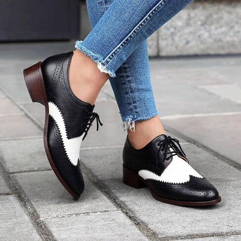 حذاء نسائي من Seborluys Wingtip Oxford برباط وكعب منخفض مكتنز حذاء Brogues Saddle in Kuwait