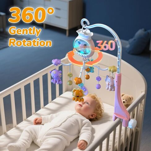 Crib Mobile with Music and Lights, Baby Mobiles for Cribs, Nursery Mobile Arm Hanging Toys for Bassinets Girls Boys Babies, Musical Infant Space Portable Mobiles Clip On Pack and Play Hanger in Saudi Arabia