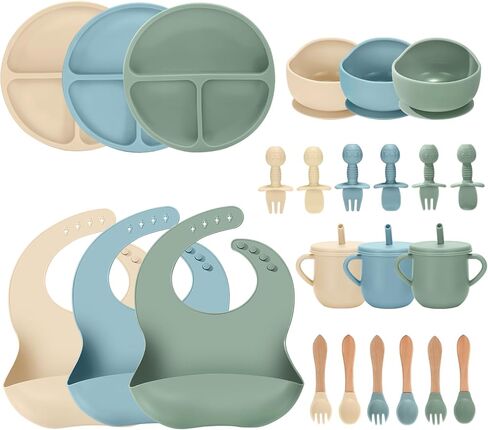 24 PCS Silicone Baby Feeding Set, Baby Led Weaning Supplies Includes Suction Bowls and Divided Plates, Adjustable Silicone Bib, Spoons&forks, Training cup with straw (Green+Brown+Beige) in Saudi Arabia