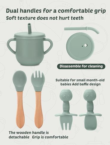 24 PCS Silicone Baby Feeding Set, Baby Led Weaning Supplies Includes Suction Bowls and Divided Plates, Adjustable Silicone Bib, Spoons&forks, Training cup with straw (Green+Brown+Beige) in Saudi Arabia