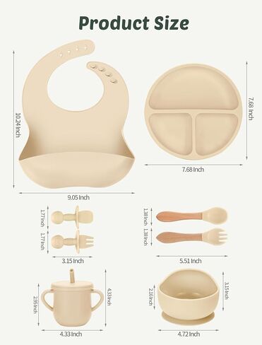 24 PCS Silicone Baby Feeding Set, Baby Led Weaning Supplies Includes Suction Bowls and Divided Plates, Adjustable Silicone Bib, Spoons&forks, Training cup with straw (Green+Brown+Beige) in Saudi Arabia
