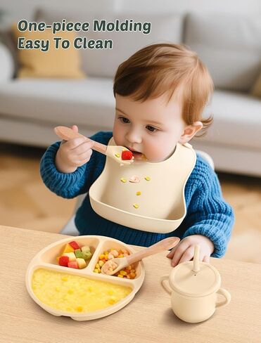 24 PCS Silicone Baby Feeding Set, Baby Led Weaning Supplies Includes Suction Bowls and Divided Plates, Adjustable Silicone Bib, Spoons&forks, Training cup with straw (Green+Brown+Beige) in Saudi Arabia