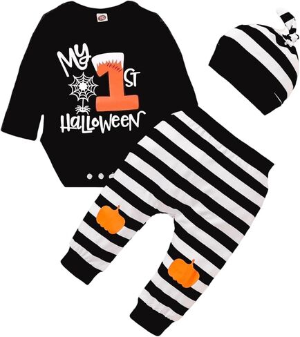 My 1st Halloween Baby Boy Outfits Newborn Boy Clothes Long Sleeves Romper Pumpkin Pants with Hat 3Pcs 0-18 Months in Saudi Arabia