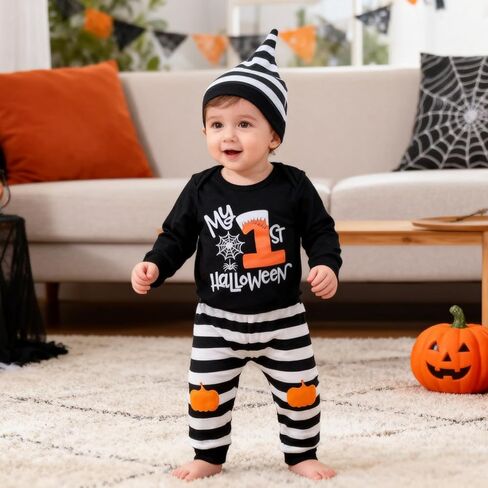 My 1st Halloween Baby Boy Outfits Newborn Boy Clothes Long Sleeves Romper Pumpkin Pants with Hat 3Pcs 0-18 Months in Saudi Arabia