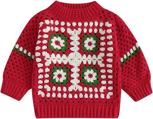 Infant Toddler Baby Girls Pullover Sweater Handmade Crochet Squarey Floral Crewneck Knitwear Fall Winter Clothes in Saudi Arabia
