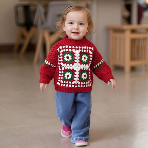 Infant Toddler Baby Girls Pullover Sweater Handmade Crochet Squarey Floral Crewneck Knitwear Fall Winter Clothes in Saudi Arabia