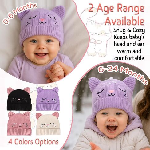 Cute Baby Cat Ears Hat Winter Knitted Beanie for Infant Toddler Boys Girls Kids Warm Fleece Lined Skull Cap for 0-24 Months in Saudi Arabia