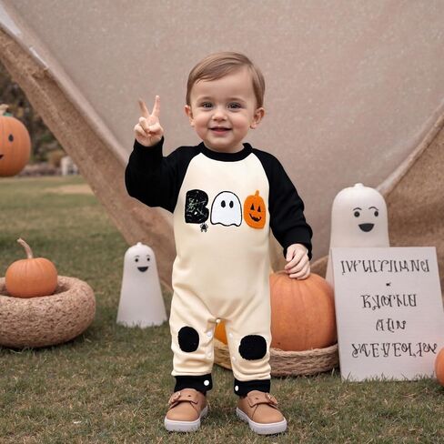 Bagilaanoe Newborn Baby Boy Halloween Outfit Pumpkin Boo Embroidery Long Sleeve Romper One Piece Jumpsuit Clothes in Saudi Arabia