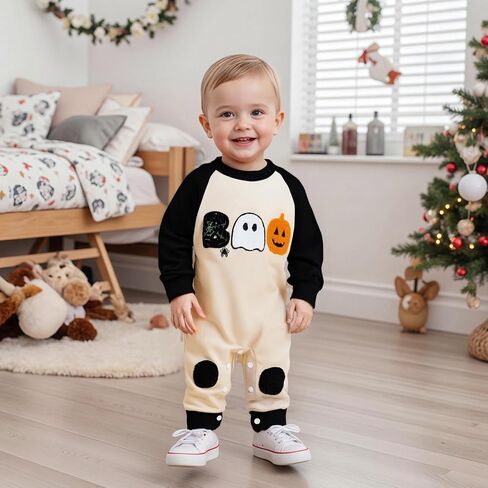 Bagilaanoe Newborn Baby Boy Halloween Outfit Pumpkin Boo Embroidery Long Sleeve Romper One Piece Jumpsuit Clothes in Saudi Arabia
