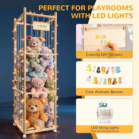 Stuffed Animal Storage Organizer, Wood Stuffed Animals Zoo Holder with Wheels, Extra Large Capacity Plusies Toy Cage with LED Lights, Space Save Toy Storage Tower for Nursery Playroom Kids Bedroom in Saudi Arabia