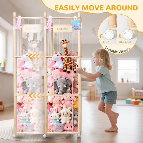 Stuffed Animal Storage Organizer, Wood Stuffed Animals Zoo Holder with Wheels, Extra Large Capacity Plusies Toy Cage with LED Lights, Space Save Toy Storage Tower for Nursery Playroom Kids Bedroom in Saudi Arabia